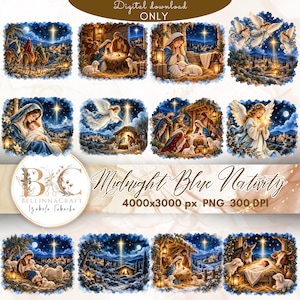 Op de afbeelding: Een digitale downloadcollectie genaamd Midnight Blue Nativity met twaalf verschillende illustraties in aquarel-stijl van de kerststal, engelen en herders onder een sterrenhemel, met de tekst 4000x3000 px PNG 300 DPI.
