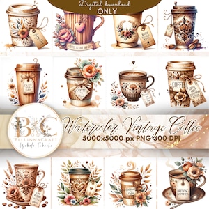 Op de afbeelding: Een set van 10 aquarel illustraties van koffiekopjes en mokken met bloemmotieven en inspirerende citaten. De illustraties zijn in vintage stijl en perfect voor gebruik in digitaal scrapbooken, kaart maken en andere knutselprojecten. De afbeeldingen zijn 5000x5000 pixels en 300 DPI.