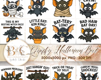 Pacchetto di clipart di pipistrelli di Halloween stravaganti, citazioni divertenti e carine di pipistrelli in formato PNG, adesivi di pipistrelli dei cartoni animati per sublimazione, simpatiche grafiche spettrali in formato PNG per sublimazione