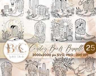 Könnte beinhalten: Ein digitales Download-Paket mit 25 Cowboy-Stiefel-Designs. Die Stiefel sind in Schwarzweiß illustriert und zeigen verschiedene Designs, darunter Blumenmuster, Kakteen und Sterne. Der Text "Cowboy Boots Bundle 25" ist am unteren Rand des Bildes zu sehen.