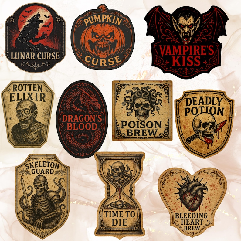 Creepy Halloween Labels, Potion Labels Bundle, Vintage Creepy Skull and ...