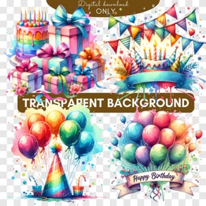 Watercolor Birthday Party Clipart, Cake Present Balloons Clipart Bundle ...