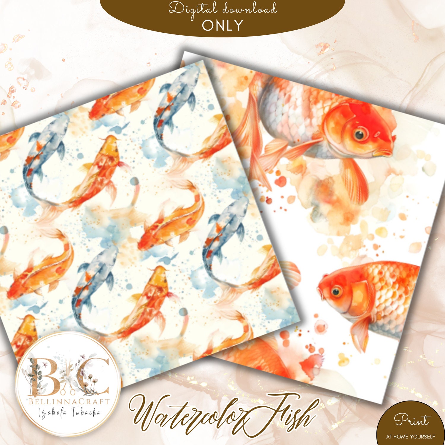 Digital Fish Pattern Watercolor Fish Seamless Digital Paper, Scrapbook Paper, Digital Paper ...