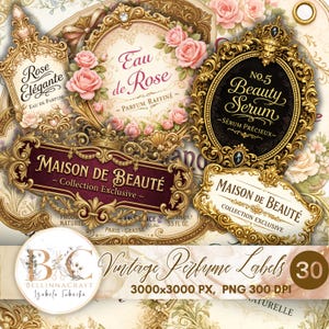 Può includere: Etichette di profumo vintage con cornici dorate ornate e accenti floreali. Le etichette presentano testi come "Eau de Rose" e "Beauty Serum". Il design include rose rosa ed elementi decorativi.