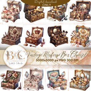 Clipart de caja de maquillaje vintage, caja de maquillaje romántica, caja de maquillaje efímera, libro de recuerdos, diarios basura, álbumes de recortes, planificadores digitales, caja de maquillaje
