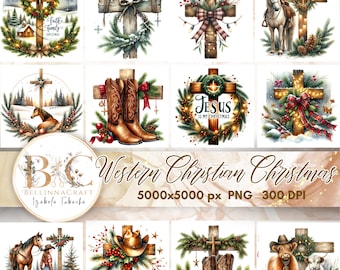 May include: Digital download graphics with Western Christian Christmas themes. The images show crosses decorated with wreaths, cowboy boots, a horse, and the text "Jesus is my Christmas" and "Jesus Reason".