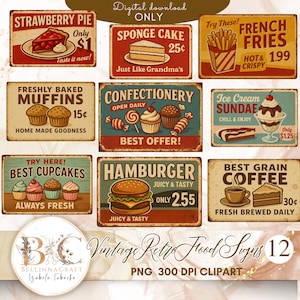 Vintage Retro Food Signs Clipart Bundle, 12 Horizontal Kitchen Cafe Wall Art Posters, Instant Download, Vintage Sign, Retro Metal Sign PNG