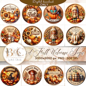 May include: A collection of 3D fall welcome signs with various designs. The signs feature pumpkins, sunflowers, and autumn-themed elements. Some signs include text like "Welcome" and "Hello Fall". The signs are digital downloads.