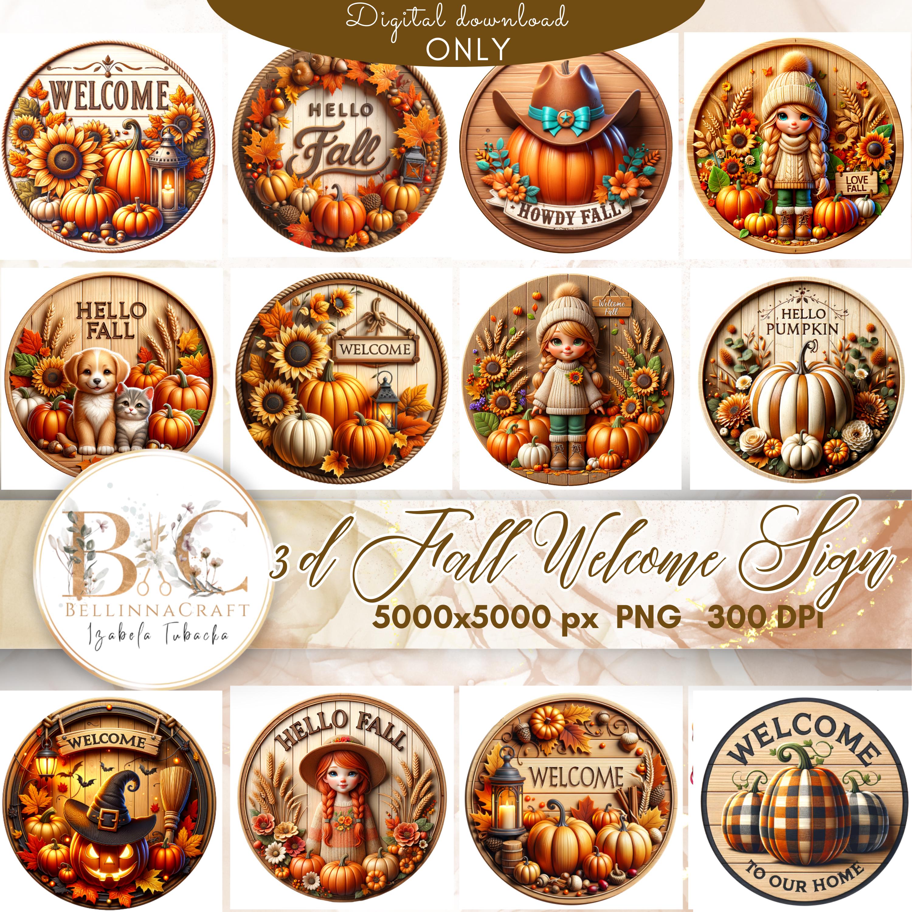 3D Fall Welcome Sign PNG, Autumn Sublimation PNG, Pumpkin Wreath Round ...