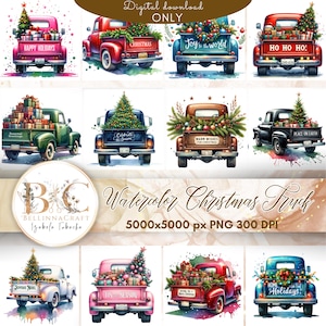 Watercolor Christmas Truck Clipart, Christmas Farm Truck Clipart, Red Truck PNG, Holidays Truck,  Xmas Truck, Festive Holiday Truck Clipart