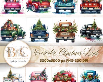 Imágenes prediseñadas de camión navideño de acuarela, imágenes prediseñadas de camión de granja navideña, camión rojo PNG, camión festivo, camión navideño, imágenes prediseñadas de camión festivo