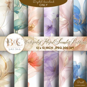 May include: A collection of watercolor floral seamless patterns in various colors, including peach, purple, and blue. The patterns are 12 x 12 inches and 300 DPI. The words "Digital download ONLY" are at the top. The words "Watercolor Floral Seamless Patterns" are in the center.