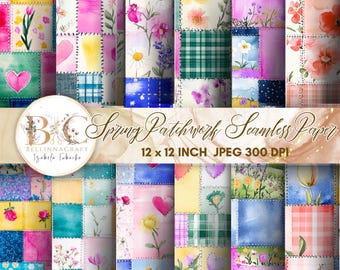 Spring Patchwork Seamless Digital Paper, Floral Digital Collage, Spring Seamless Pattern, Patchwork Background, Spring Fabric Seamless Paper