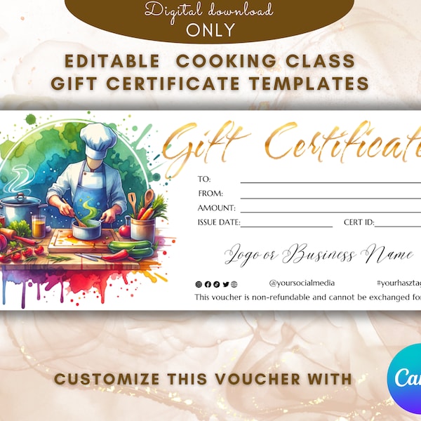 Cooking Class Gift Certificate Template Elegant Cooking Course gift card template gift voucher Printable Voucher EDITABLE  Cooking gift card