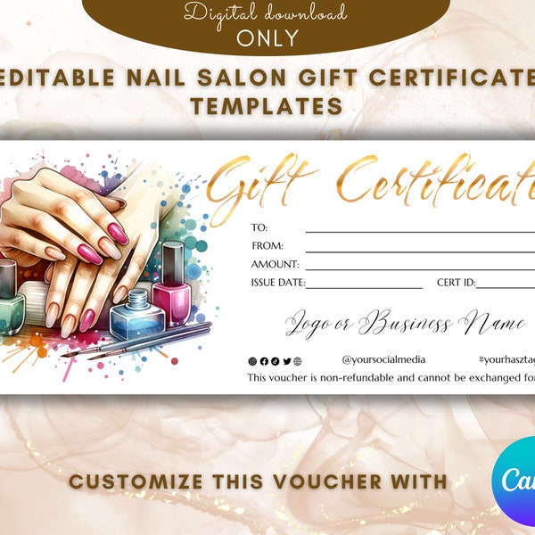 Manicure Gift Certificate Template Elegant Nail Salon gift card template gift  voucher Printable Voucher EDITABLE, Beauty Salon gift