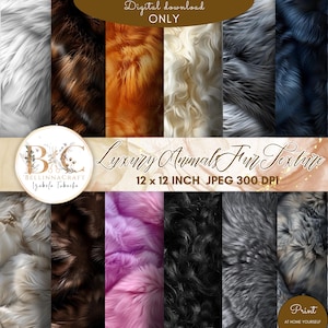 May include: A digital download showcasing a variety of luxury animal fur textures. The image presents fur patterns in white, brown, orange, and black. The textures are 30.48 cm x 30.48 cm and 300 DPI. The image includes the text "Digital download ONLY".