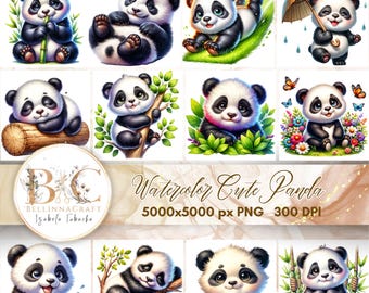 Watercolor Cute Panda Clipart, Baby Panda Bears Clipart PNG, High Quality PNG Digital Download, Whimsical Panda, Baby Nursery Art, Panda PNG