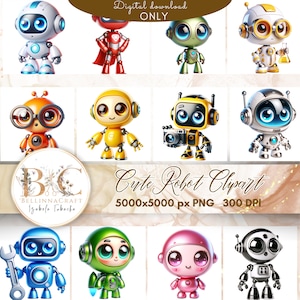 May include: Set of ten digital clipart images of cute robots in various colors and poses. The robots have large eyes and friendly expressions. The images are 5000x5000 pixels and 300 DPI.