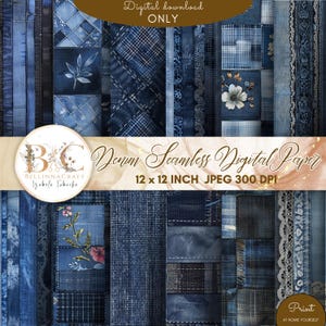 Paquet de papier numérique sans couture denim - Textures bleu jean, patchwork, tissu matelassé, rayures et motifs floraux - Arrière-plans de scrapbooking JPG