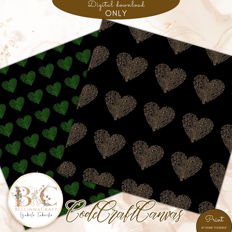 Peut inclure: Deux motifs de papier num&eacute;rique avec des fonds noirs et des motifs r&eacute;p&eacute;t&eacute;s de c&oelig;urs. Un motif a des c&oelig;urs de paillettes vertes, l'autre a des c&oelig;urs de circuits imprim&eacute;s dor&eacute;s. Le texte "Code Craft Canvas" est visible dans le coin inf&eacute;rieur droit.
