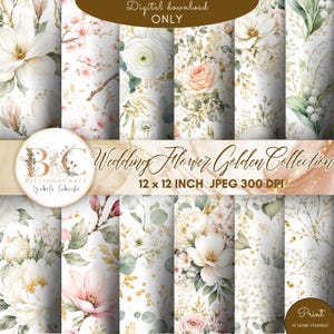 Op de afbeelding: Een digitale collectie van twaalf bloemmotieven van 30,48 x 30,48 cm met aquarelillustraties van witte en roze bloemen, groen gebladerte en gouden accenten. De tekst luidt Wedding Flower Golden Collection, 12 x 12 INCH JPEG 300 DPI.