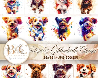 Watercolor Goldendoodle Clipart, Watercolor Puppies illustrations JPG, Digital Download, Card Making, Clip Art, Dog Splash Clipart
