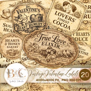 May include: A selection of vintage Valentine's Day labels in sepia tones. The labels feature illustrations of cherubs, hearts, couples, and text such as "True Love Elixir" and "Lovers' Finest Cocoa".