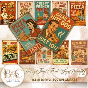 Paquete de carteles vintage de comida rápida, 12 carteles retro de restaurante PNG, arte mural divertido de perritos calientes, pizza y papas fritas, imágenes prediseñadas de restaurante de los años 50, decoración de letreros metálicos PNG