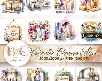 Watercolor Cleaning Service Clipart, Cleaning supplies Png, Maid Service, Housekeeping Clipart, Cleanin Service  Professional Design PNG