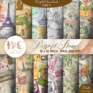 Papel digital para carimbos de passaporte, papel para carimbos de viagem, papel para scrapbook, papel para diário, papel para impressão, papel de fundo para scrapbook, vintage