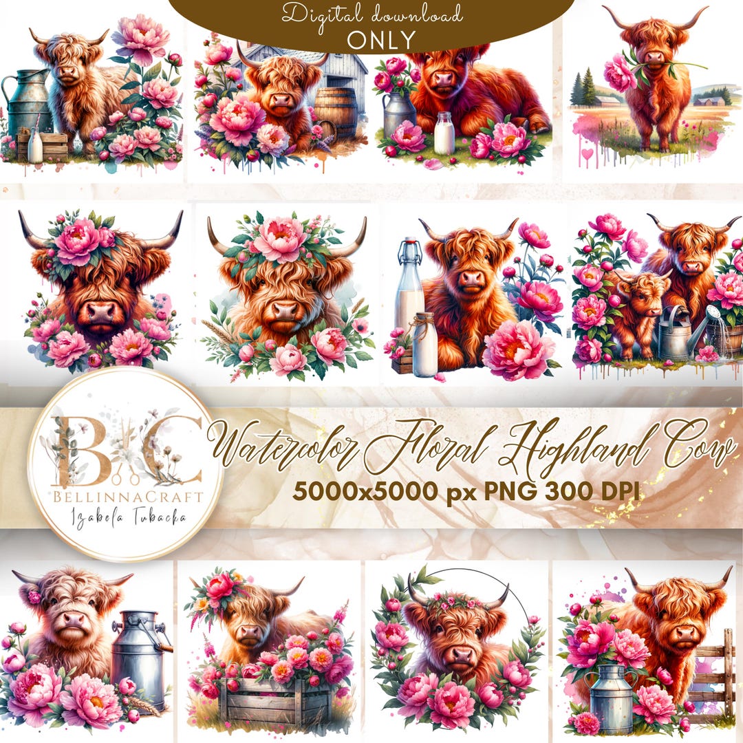 Watercolor Floral Highland Cow Clipart, Boho Animal PNG (digital ...