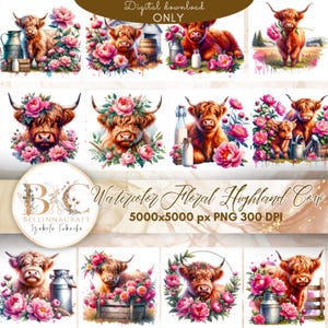 Watercolor Floral Highland Cow Clipart, Watercolor Highland clipart, Highland Cow, Baby Shower Decor, Boho Animal, Farm Animal Watercolor