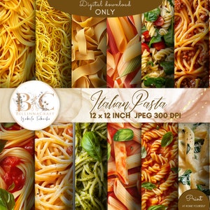 May include: A digital download featuring various types of Italian pasta, including spaghetti, penne, and fusilli, arranged in a collage. The image includes text that reads "Italian Pasta" and "12 x 12 INCH JPEG 300 DPI."