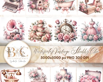 Akvarell Vintage Shabby Chic Clipart, Viktoriansk Dekor Clipart, Junk Journal, Blommig Scrapbook Clipart, Viktoriansk Vintage Stil, Rosa Dekor