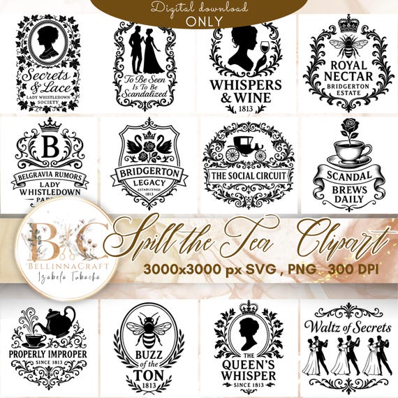 Spill the Tea Clipart – Volume 2 | Lady Whistledown-Inspired Vintage Graphics | Bridgerton-Inspired SVG PNG | Regency Gossip, Bridgerton PNG