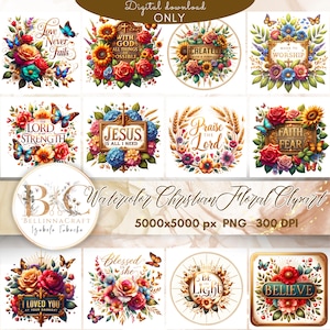 Aquarel christelijke bloemen clipartbundel, bijbelverzen, schriftcitaten, geloof SVG, religieuze afdrukbare kunst voor sublimatie, bloemenbijbel