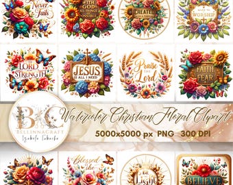 Watercolor Christian Floral Clipart Bundle, Bible Verses, Scripture Quotes, Faith SVG, Religious Printable Art for Sublimation, Floral Bible