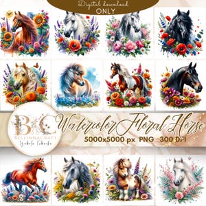 Bundle de cliparts cheval floral aquarelle, cheval floral PNG, illustrations de chevaux Boho, sublimation de cheval, haute qualité, journal indésirable, autocollant