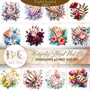 Akwarelowe kwiatowe zdobienie paznokci Clipart, modne dłonie do manicure, technika paznokci, technik paznokci, salon kosmetyczny, artysta paznokci Clip Art, żelowe zdobienie paznokci Clipart