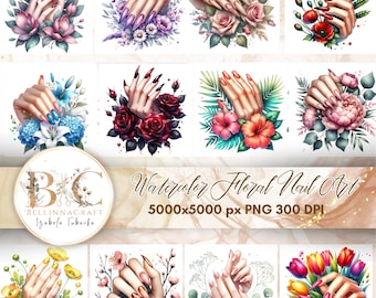 Watercolor Floral Nail Art Clipart, Trendy Manicure Hands, Nail Tech, Nail Technician, Nail Salon, Nail Artist Clip Art, Gel Nail Clipart
