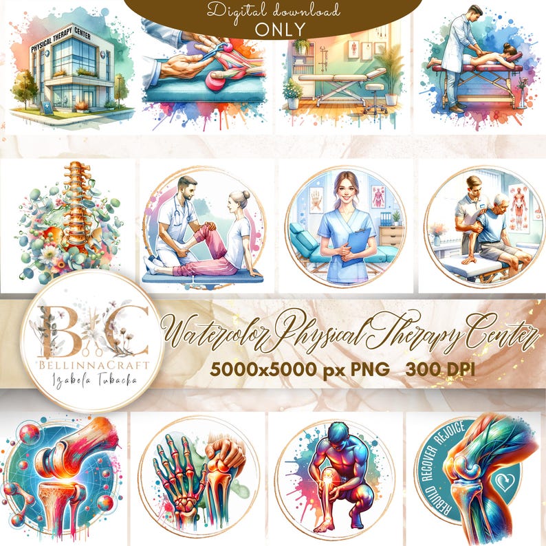 May include: Watercolor illustrations of a physical therapy center, showcasing various treatments and anatomical details. The images include a building, medical professionals, and depictions of the human body. The text "Digital download ONLY" is visible.