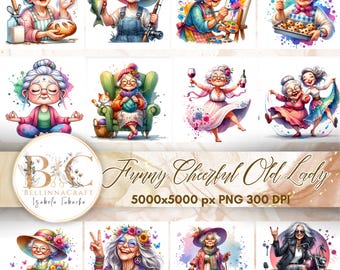 Watercolor Funny Old Lady Clipart, Watercolor cartoon Grandma, Joyful Woman, Grannies Clip Art, Grandmother gift, Crazy Old Ladies PNG