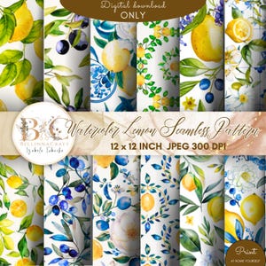 Bundle de motifs sans couture aquarelle citron, 12 fonds de carreaux d'agrumes méditerranéens, clipart été, olives des cliparts, couronne de citron JPEG