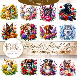 Può includere: Download digitale di ritratti di cani ad acquerello circondati da composizioni floreali. L'immagine presenta varie razze di cani, come un Golden Retriever e un Bulldog, ciascuno incorniciato da fiori colorati. Il testo recita "Watercolor Floral Dogs".