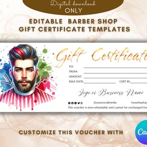 Plantilla de certificado de regalo de barbería Plantilla de tarjeta de regalo de peluquería para hombres elegante vale de regalo Cupón imprimible EDITABLE Tarjeta de regalo de Baber