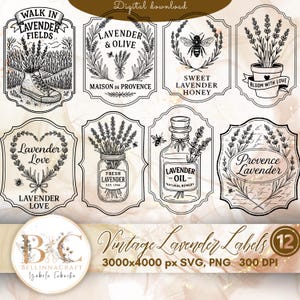 May include: A collection of 12 vintage-style lavender labels in black and white. Designs include text such as "Lavender & Olive", "Sweet Lavender Honey", and "Lavender Oil". The labels feature illustrations of lavender sprigs, bees, and a sneaker in a lavender field.