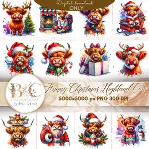 Funny Christmas Highland Cow Clipart, Watercolor Highland Cow Clipart, Quirky Highland Cow, Christmas Cows, Highland Cow Sublimation PNG