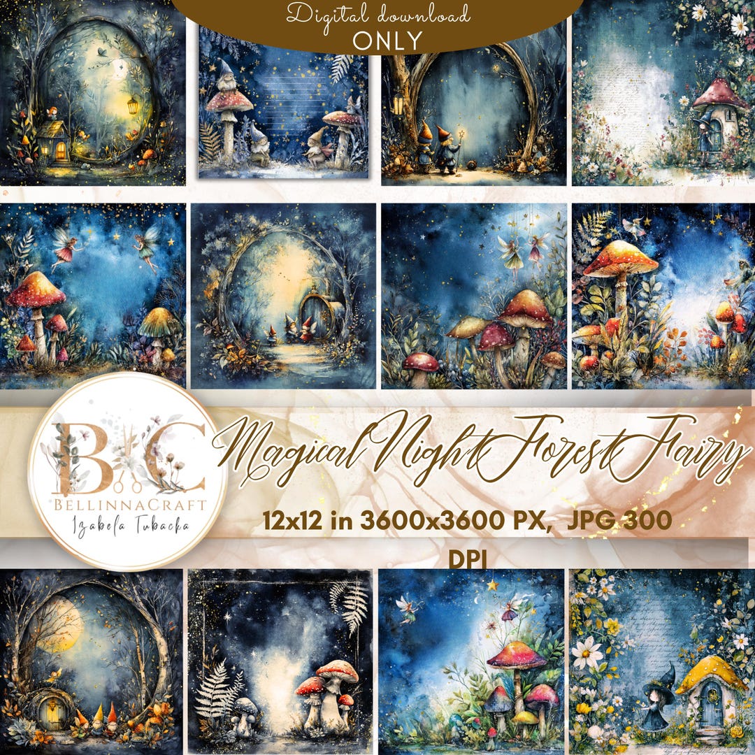 Magical Night Forest Fairy Digital Paper Pack, 12x12 Fantasy Fairyland ...