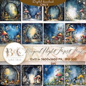Pacchetto di carta digitale "Fata della Foresta Notturna Magica", sfondi fantasy da favola 12x12, pagine di diario con gnomi e funghi, pagine di scrapbooking