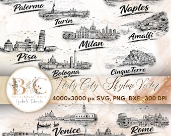 Italy City Skyline Vector Set, Black and White Vintage Italian City ...